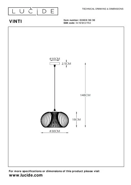 Lucide VINTI - Suspension - Ø 30 cm - 1xE27 - Noir - technique